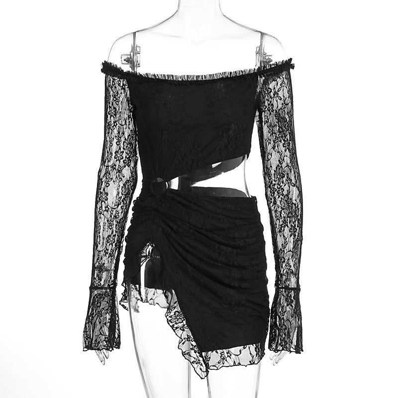Damen Spitzenkleid mit asymmetrischem Saum und schulterfreiem Design R&B