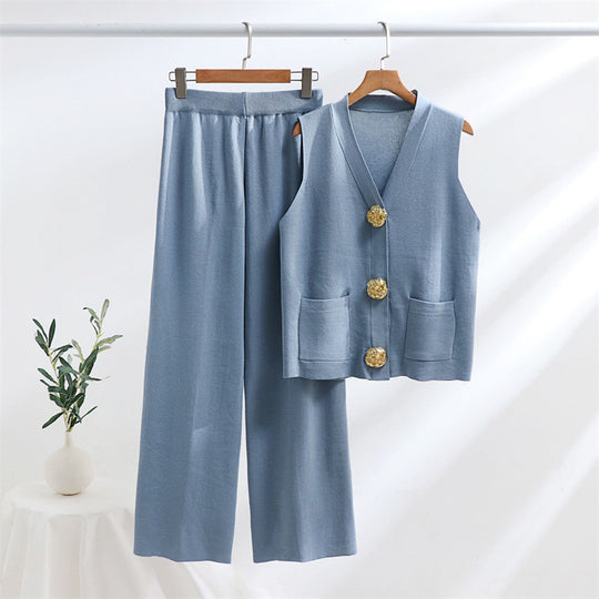 Damen elegantes Strick-Loungewear-Set mit Knopfdetaillierung R&B