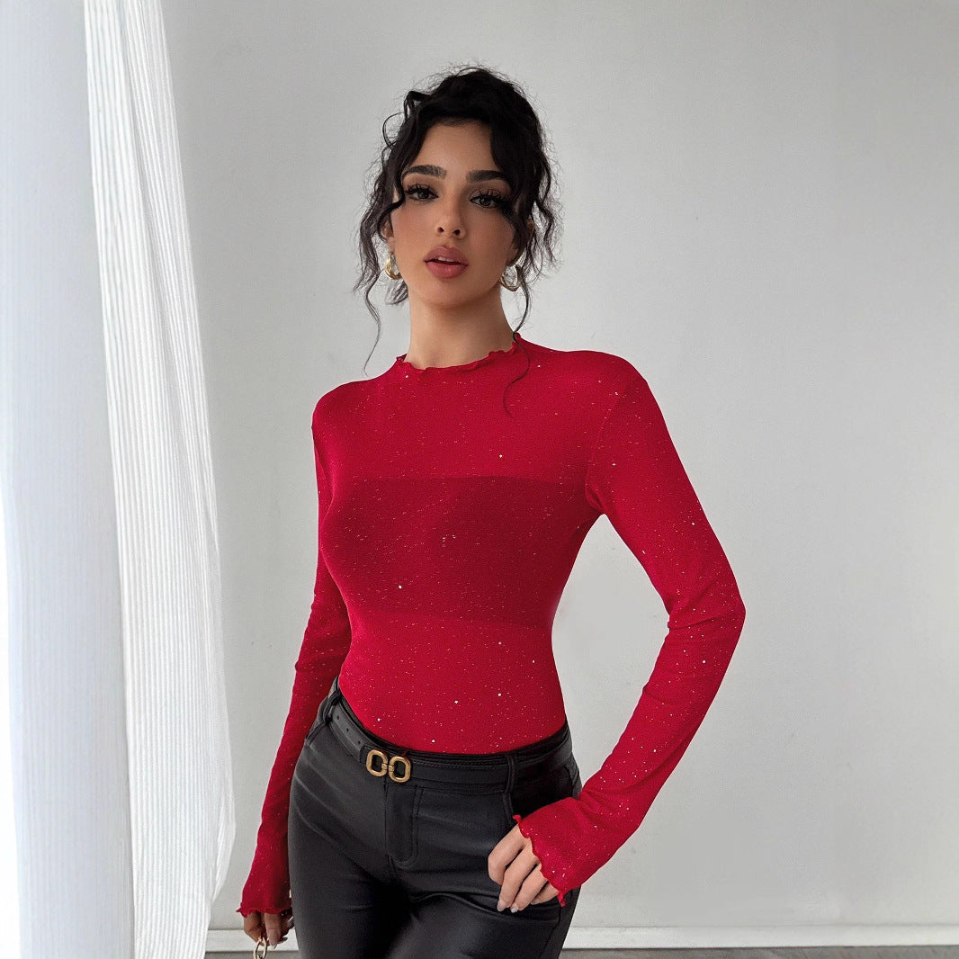 Damen nan figurbetontes Feinstrickoberteil mit Stehkragen und Glitzergarn R&B