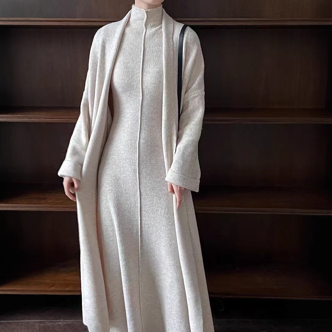 Damen Langer Strickmantel mit hohem Kragen und elegantem Schnitt