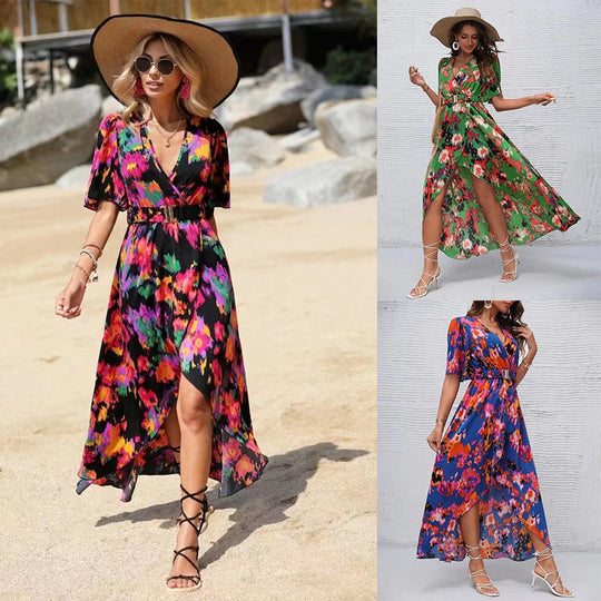 Damen Maxikleid mit elegantem Wickelstil und raffinierten Ärmeln R&B
