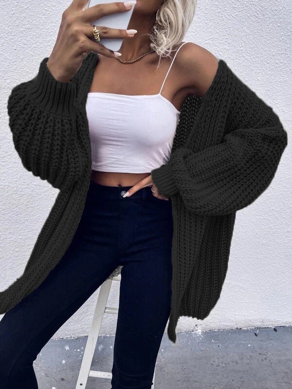Damen Grobstrick-Cardigan mit voluminösen Ärmeln und offener Vorderseite R&B