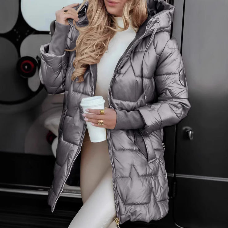 Damen Lange Steppjacke mit Kapuze und praktischen Taschen R&B