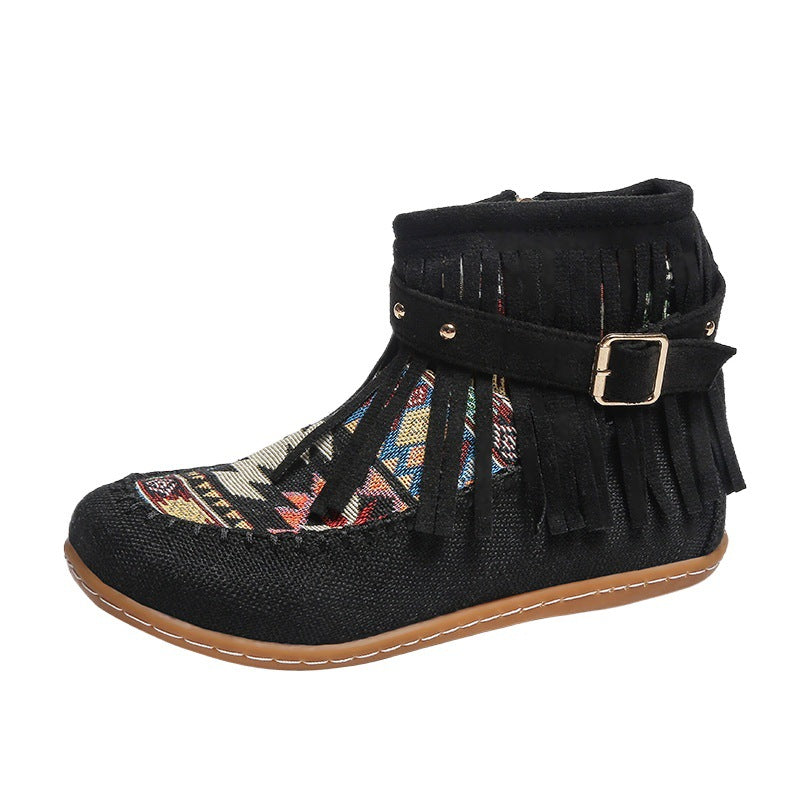 Damen Fransen-Short-Boots aus hochwertigem Stoff mit buntem Ethno-Muster R&B
