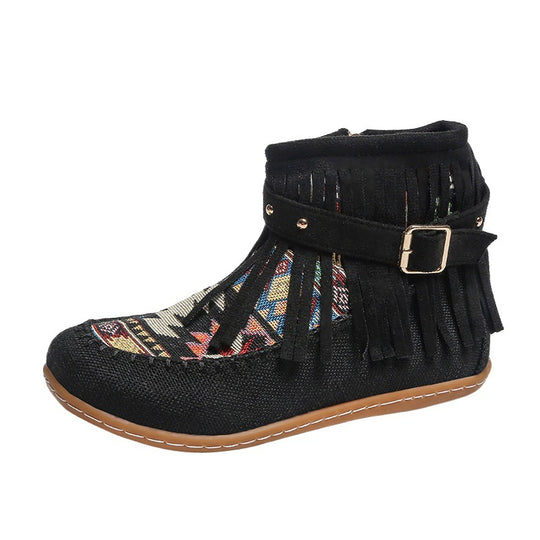 Damen Fransen-Short-Boots aus hochwertigem Stoff mit buntem Ethno-Muster R&B