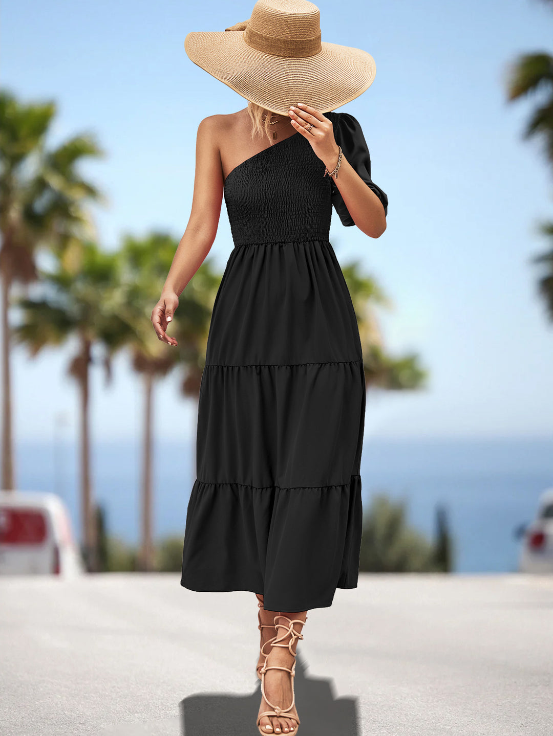 Damen luftiges Maxikleid mit einer Schulter und Rüschenvolant R&B