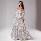 Damen Elegantes Maxikleid mit schulterfreien Rüschenärmeln und floralen Akzenten EB
