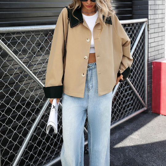 Damen Oversized Jacke mit kontrastierendem Kragen und Knopfverschluss R&B