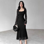 Damen elegantes Spitzenkleid mit langem Arm und figurbetontem Schnitt R&B