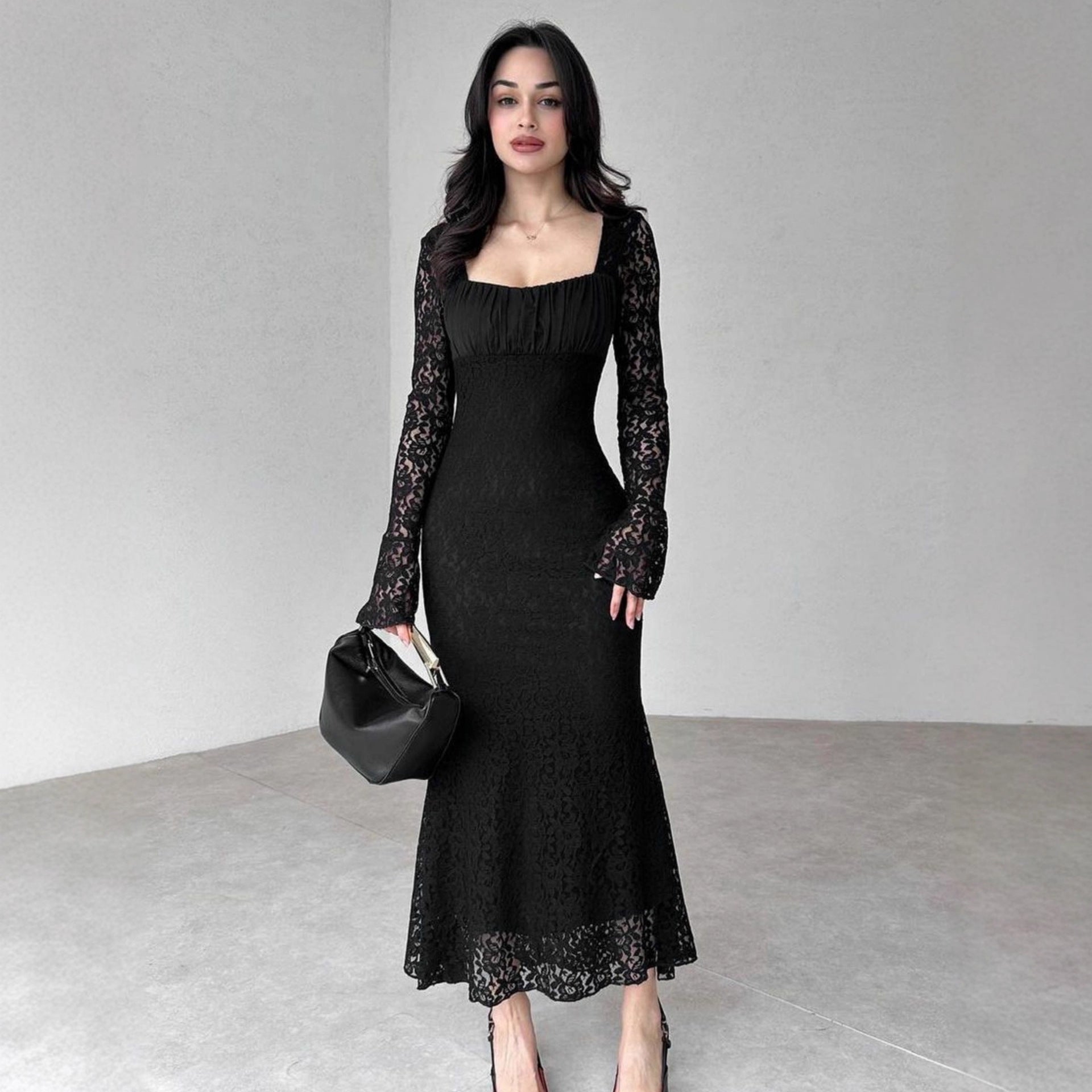 Damen elegantes Spitzenkleid mit langem Arm und figurbetontem Schnitt R&B