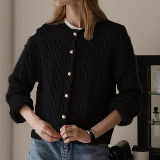 Damen eleganter Strickcardigan mit ausgefallenem Zopfmuster und dekorativen Knöpfen R&B