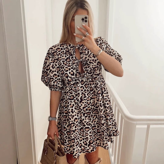 Damen Sommerkleid mit lässigem Leopardenmuster und voluminösen Ärmeln R&B