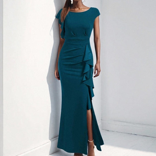 Damen elegantes Maxikleid mit Rüschendetails und seitlichem Schlitz R&B