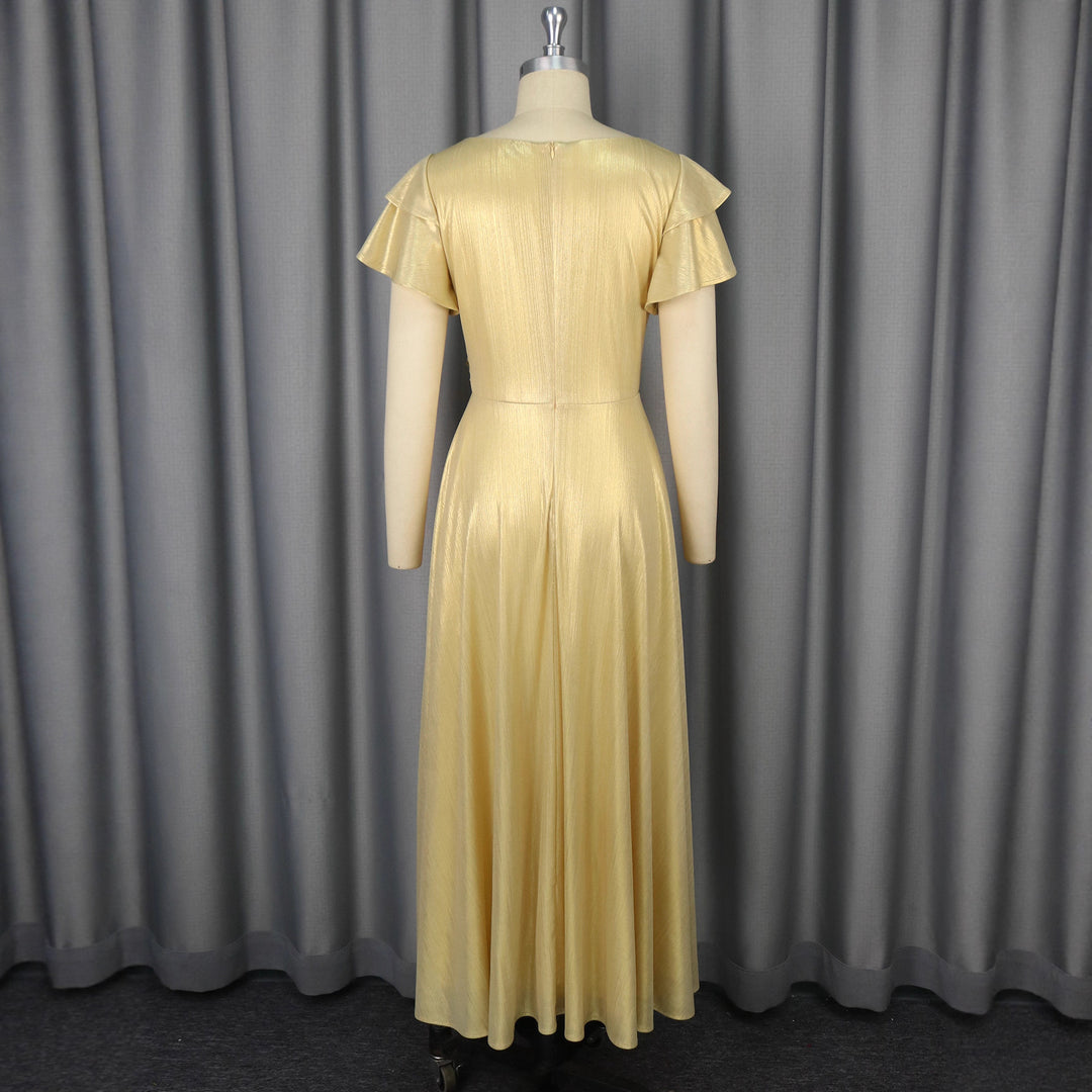 Damen glamouröses Abendkleid mit elegantem V-Ausschnitt und voluminösen Rüschensäumen R&B