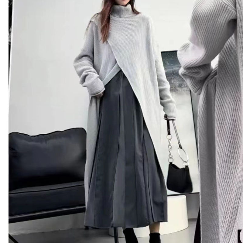 Damen Strickmantel mit hohem Kragen und asymmetrischem Schnitt R&B
