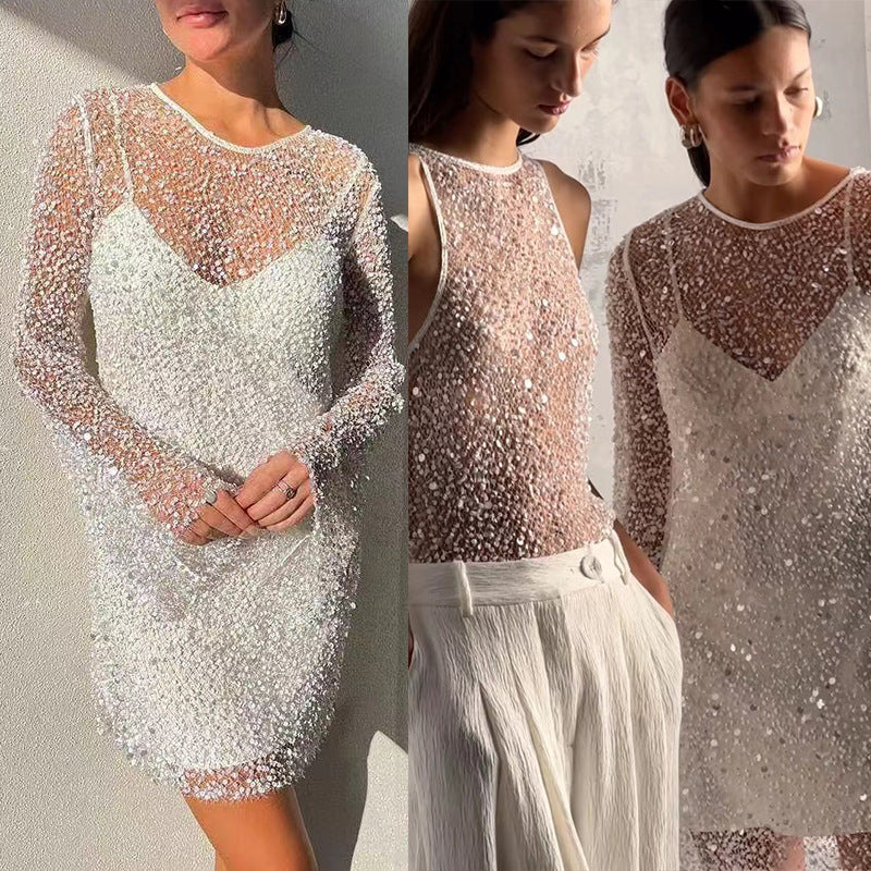 Damen Glitzerndes Cocktailkleid mit schimmernden Pailletten und langen Ärmeln R&B