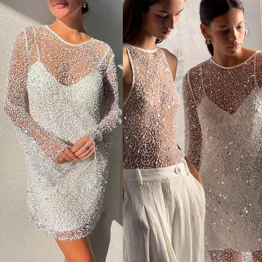 Damen Glitzerndes Cocktailkleid mit schimmernden Pailletten und langen Ärmeln R&B