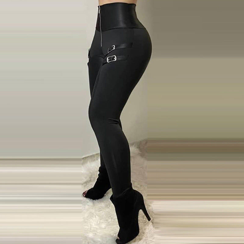 Damen Figurbetonte Kunstleder-Leggings mit Schnallen-Details R&B