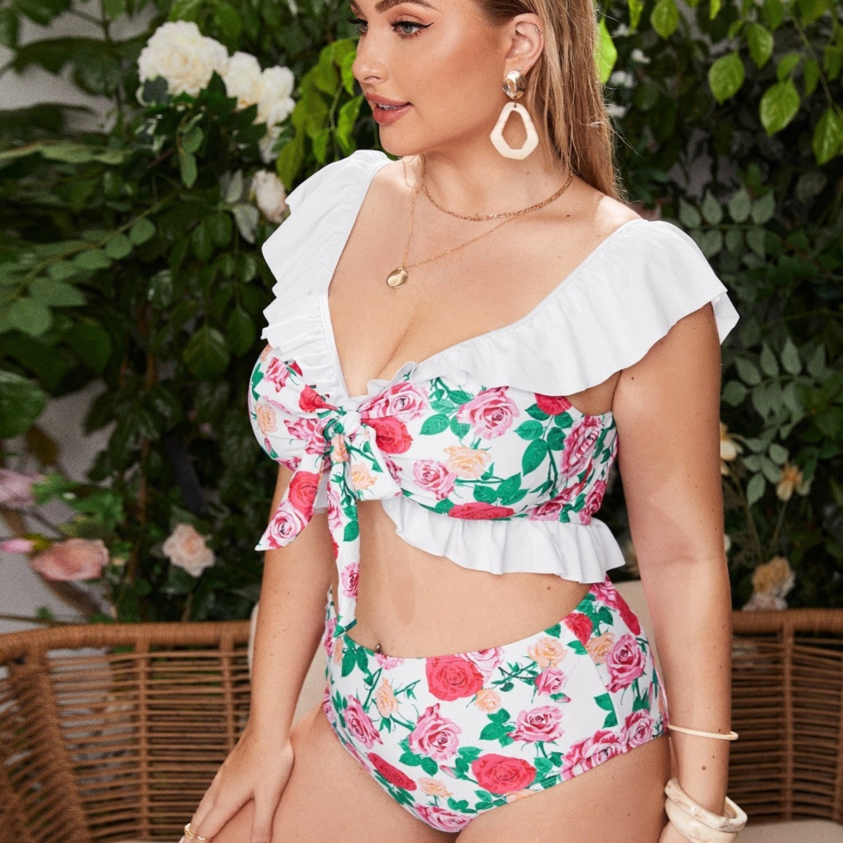 Damen Bikini-Set mit floralem Wickeloberteil und hohen Taillenhosen R&B