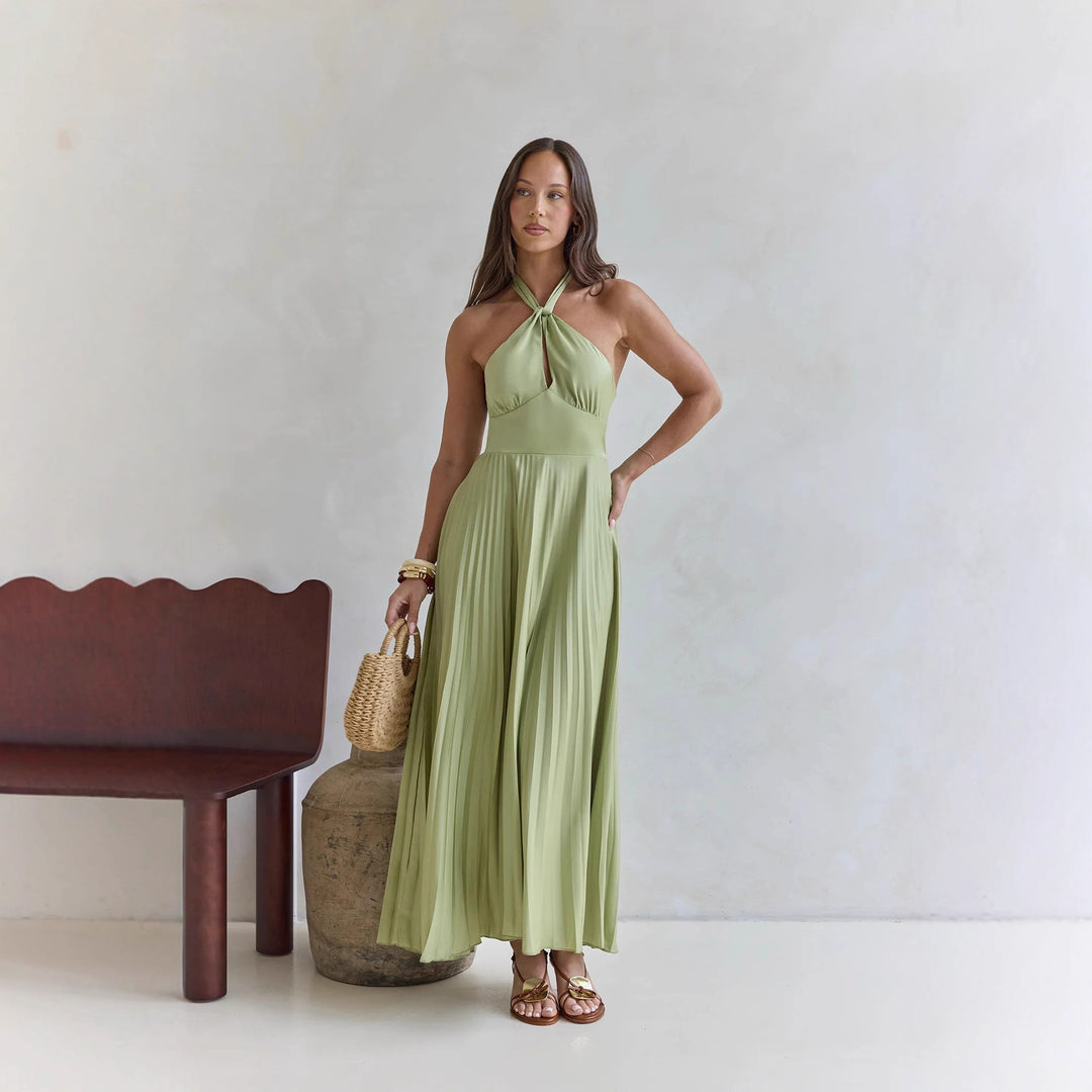 Damen Maxi-Kleid mit elegantem Halter-Design und plissiertem Rock R&B