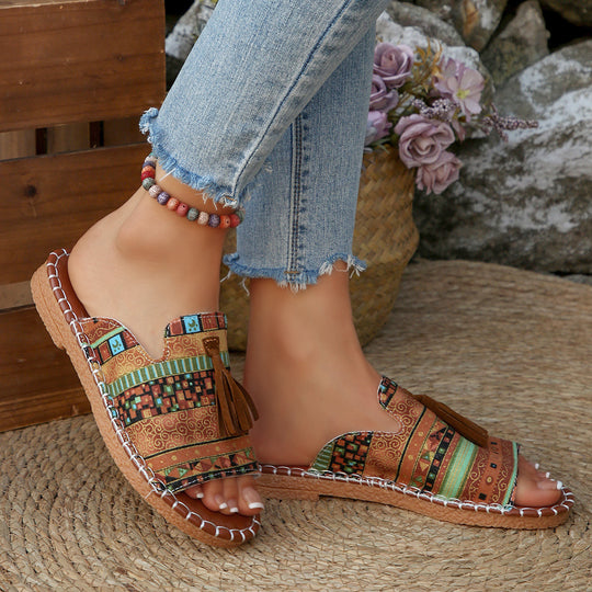 Damen lässige Riemchen-Sandalen mit buntem Ethno-Design und modischem Quasten-Detail R&B