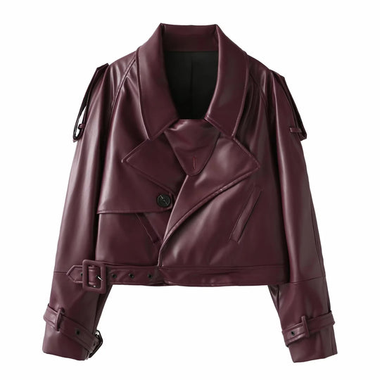 Damen coole cropped Kunstlederjacke mit asymmetrischem Kragen und modischem Design R&B