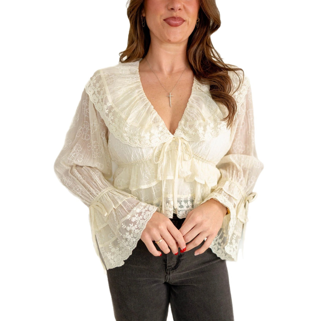 Damen romantische Bluse mit Spitzenverzierungen und Rüschendetails R&B