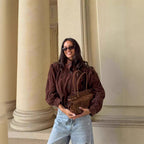 Damen Oversized Bluse mit schickem Plissee-Design und eleganten Knopfdetails R&B