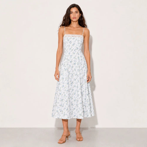 Damen nan Vintage-inspiriertes Midikleid mit schmalen Spaghettiträgern, Spitzenpassé und ausgestelltem Tellerrock R&B
