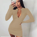 Damen Körperbetontes Strickkleid mit tiefem V-Ausschnitt und langen Ärmeln R&B
