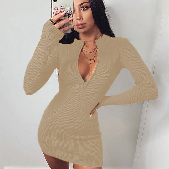 Damen Körperbetontes Strickkleid mit tiefem V-Ausschnitt und langen Ärmeln R&B
