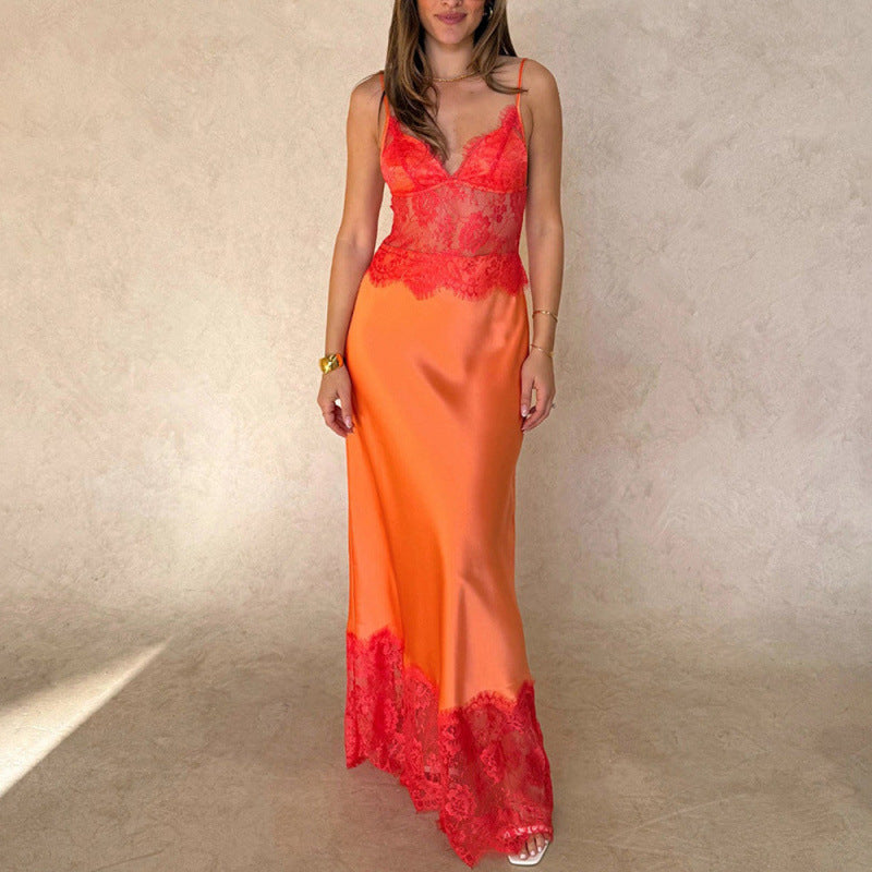 Damen Elegantes Nachtkleid mit transparentem Spitzeneinsatz und verstellbaren Trägern R&B