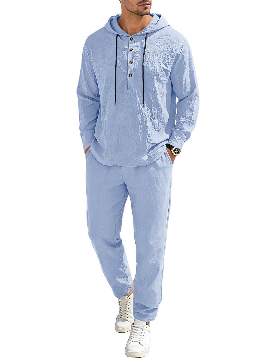 Herren nan entspannter Kapuzen-Henley Freizeitanzug aus leichter Baumwollmischung in Leinenoptik mit Kordelzug und elastischer Bundhose R&B