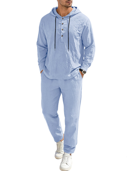 Herren nan entspannter Kapuzen-Henley Freizeitanzug aus leichter Baumwollmischung in Leinenoptik mit Kordelzug und elastischer Bundhose R&B