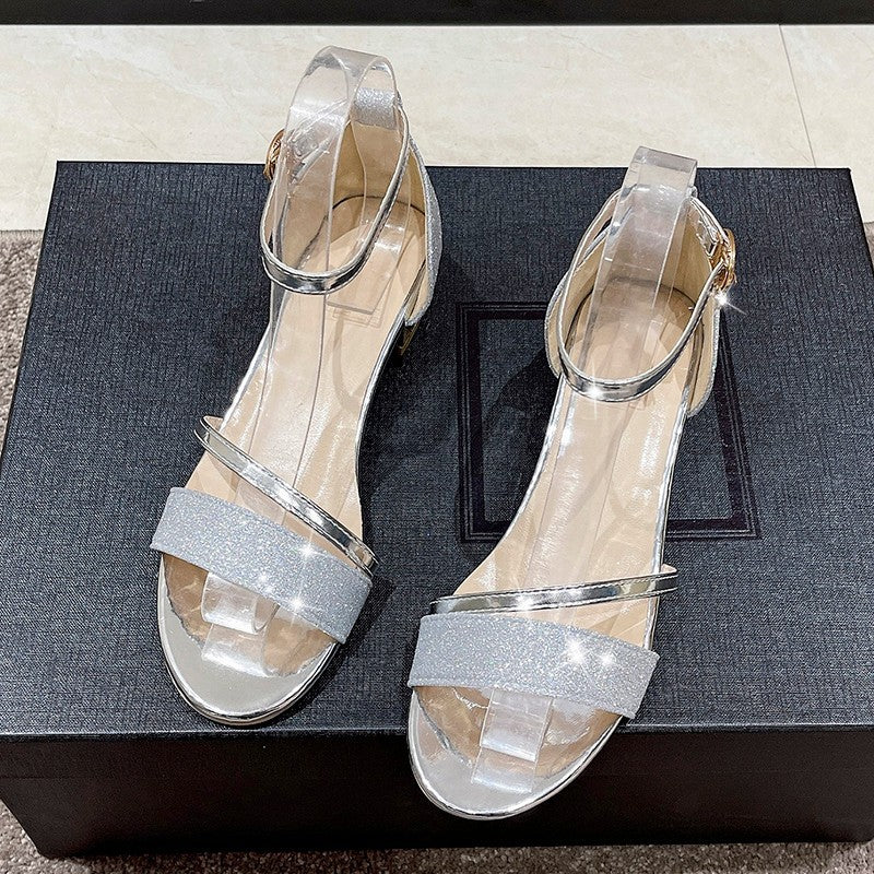 Damen elegante Glitzer-Sandaletten mit Blockabsatz R&B