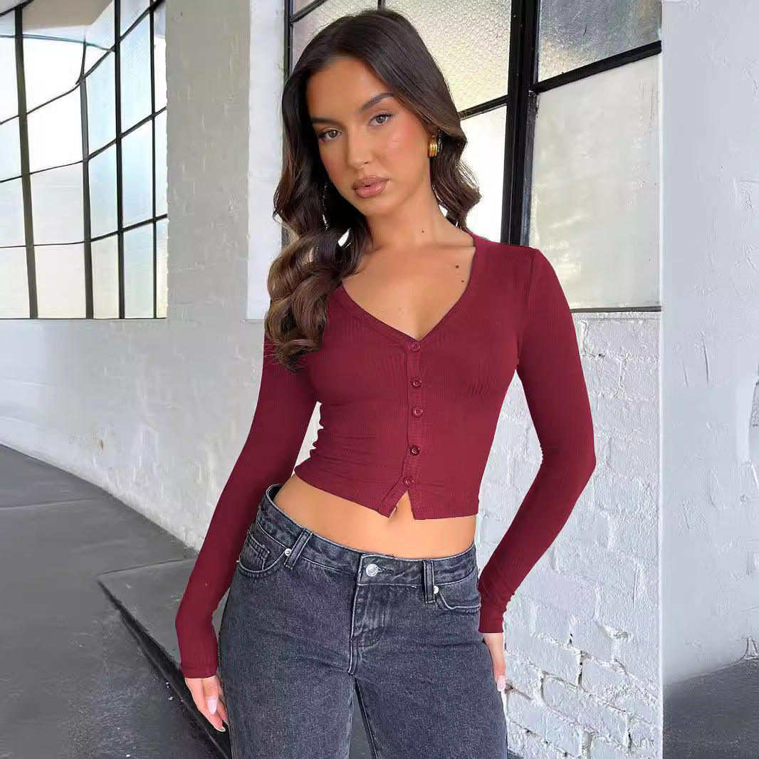 Damen figurbetontes Langarmshirt mit Knopfleiste R&B