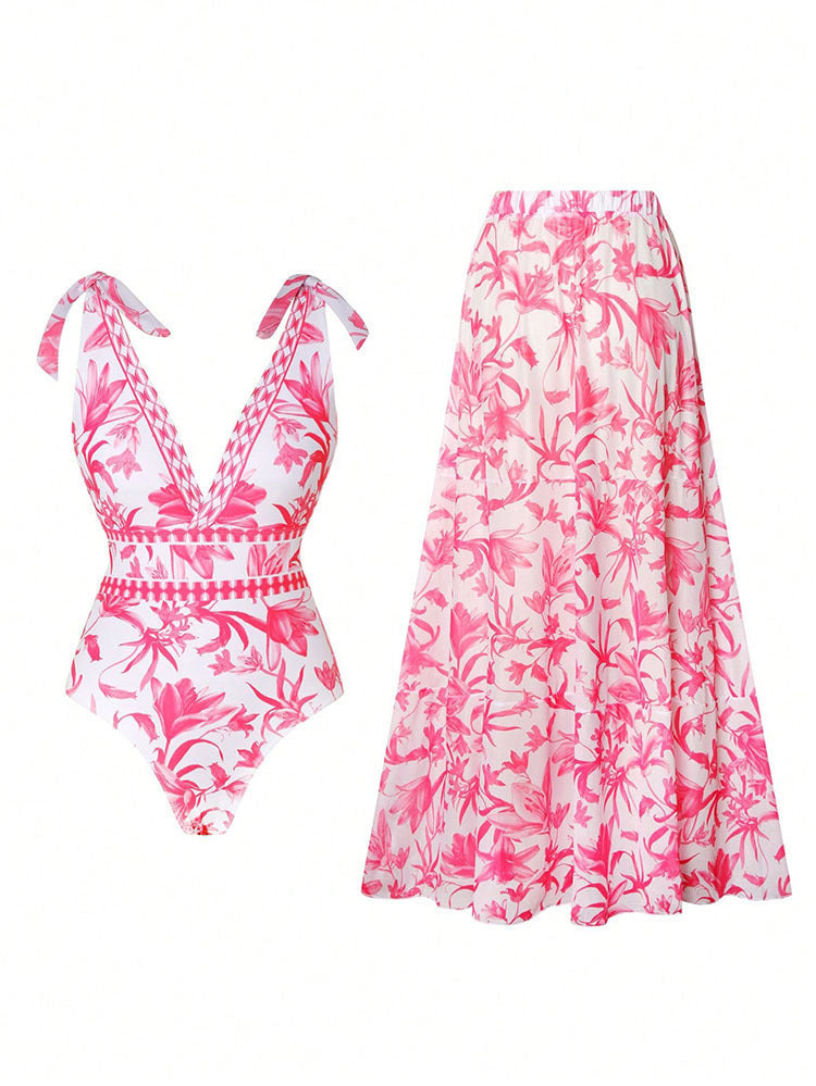 Damen Luxuriöser Badeanzug mit floralem Design und passendem Rock R&B