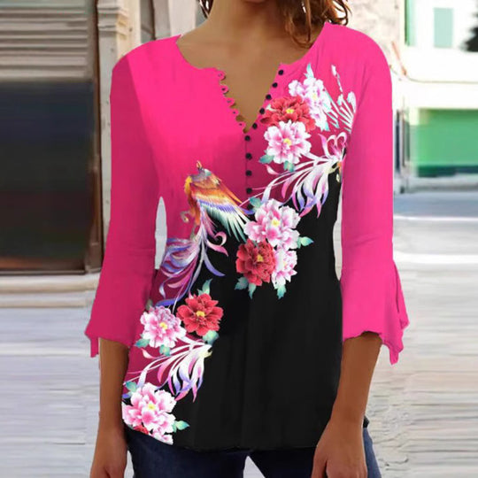 Damen nan V-Ausschnitt Tunika-Bluse mit floralem Vogelmuster, dreiviertel-Volantärmeln und figurumspielendem Saum R&B