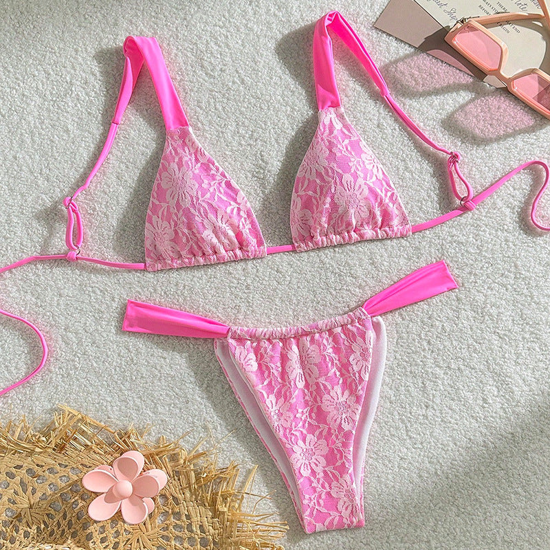 Damen Triangel-Bikini mit floralem Spandex-Muster und verstellbaren Trägern R&B