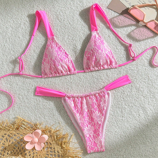 Damen Triangel-Bikini mit floralem Spandex-Muster und verstellbaren Trägern R&B