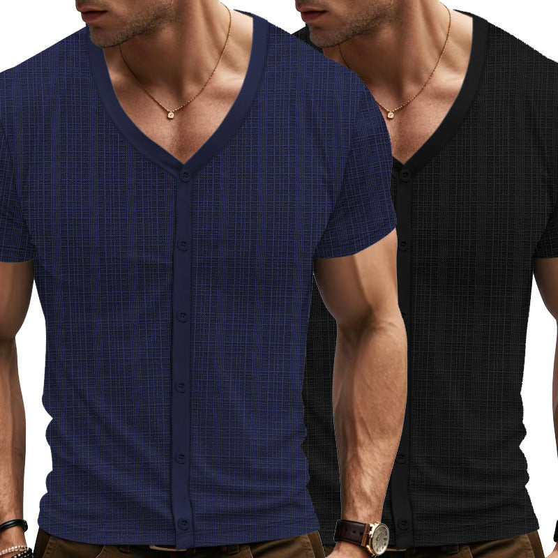 Herren Kurzarm Henley-Shirt mit strukturiertem Design und Knopfleiste R&B