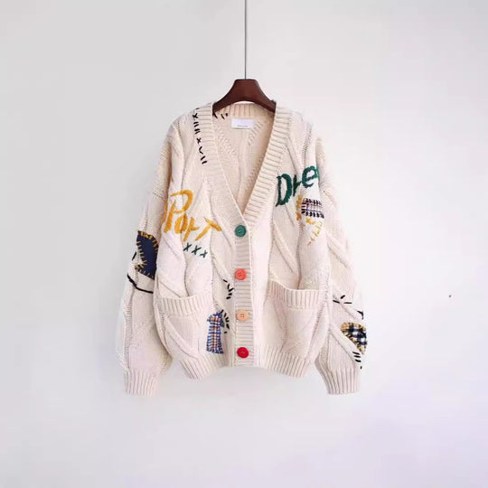 Damen Strickjacke mit buntem Motiv und praktischen Taschen R&B
