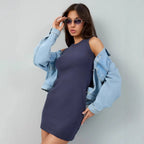 Damen figurbetontes Sommerkleid mit schmalem Schnitt und Rundhalsausschnitt R&B