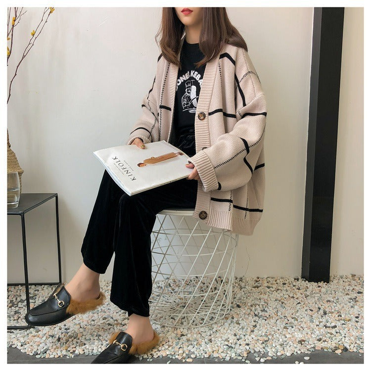 Damen Grobstrickjacke mit modischem Karo-Muster und praktischen Taschen R&B