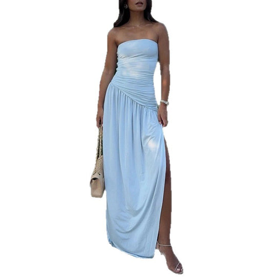 Damen nan schlankes schulterfreies drapiertes Maxikleid mit taillierter Korsettoptik und hohem Seitenschlitz R&B