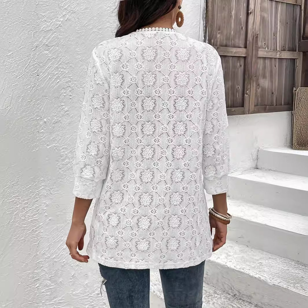 Damen nan luftiger Spitzenkimono Strandcardigan mit gehäkelter Bordüre R&B