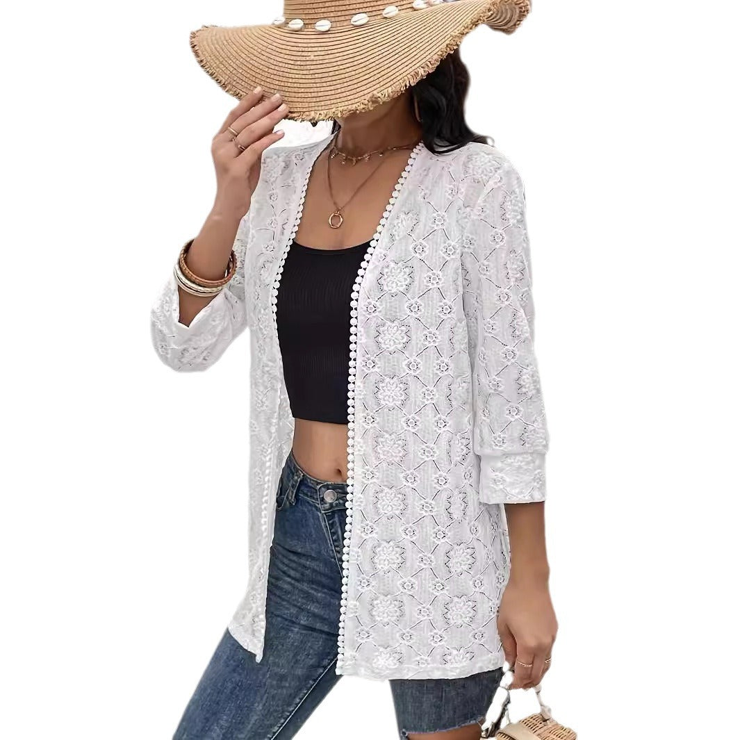 Damen nan luftiger Spitzenkimono Strandcardigan mit gehäkelter Bordüre R&B