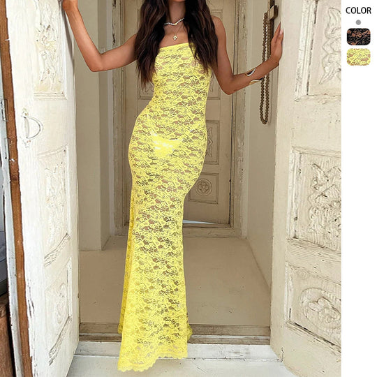 Damen Elegantes Spitzenmaxikleid mit figurbetonter Silhouette und schulterfreiem Design R&B