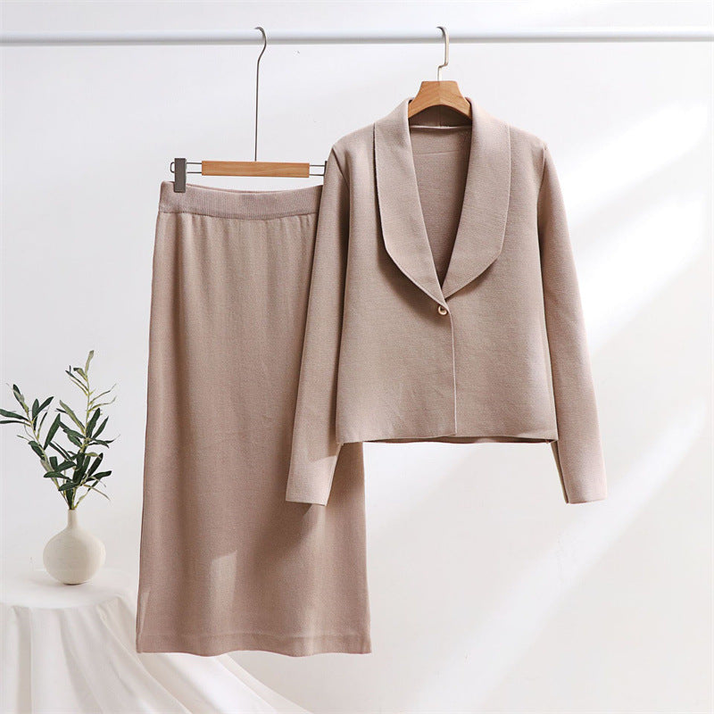 Damen elegantes Strickensemble mit Blazer und Midi-Rock R&B
