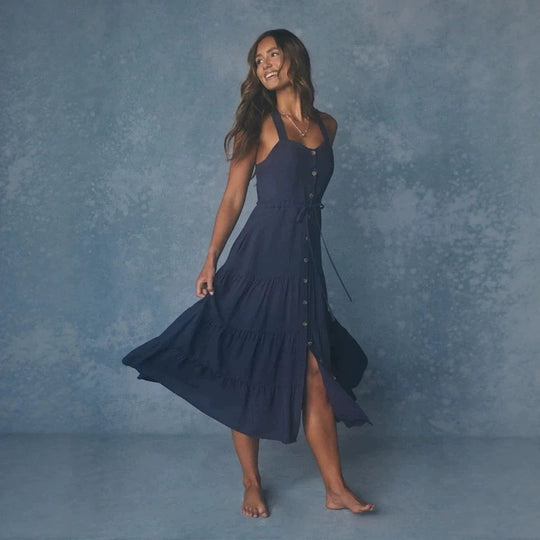 Damen Maxikleid mit nostalgischem Knopfverschluss und verstellbaren Trägern R&B